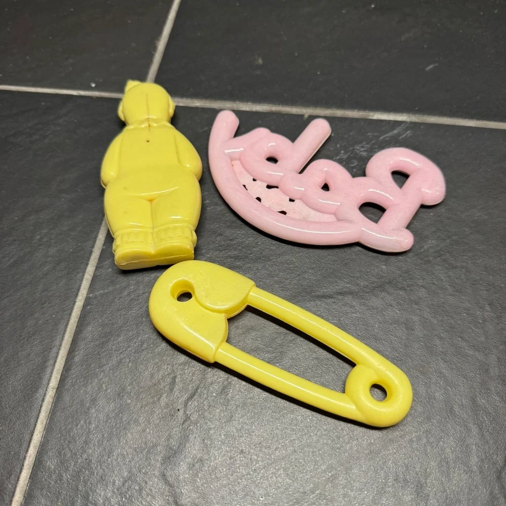 RARE 50s Vintage Celluloid Plastic Baby Rattles Set of 3 Pink Safety Pin Clown